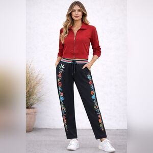 Johnny Was JW Active Track Pants  Black Multi Floral Elastic Waist Size XL